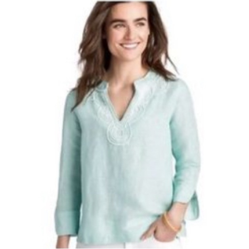 Vineyard Vines mint green embroidered V-neck linen tunic top Tiffany Blue XS